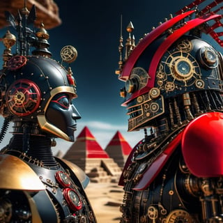 a Robot and a steampunk   Robot with a , with red and black colors all in very detailed steampunk style,  dynamic light,  beautiful,  in the background pyramids of onyx and gold,  black obsidian glass terrain,  with piramid structures and celestial glow,  H.R.Giger,  Jules Verne,  HZ Steampunk (highly detailed,  geometric grid),  middle of a serene sky,  triangular,  elements,  hyper detailed,  with Inca filer of gold,  high resolution,  cinema 4D, 