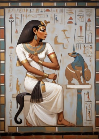 an egyptian painting of a woman and a , ancient egypt art, ancient egypt painting, ancient egyptian art, egyptian art, ancient egyptian mural, ancient egyptian, egyptian, egyptian iconography, egypt themed art, wind egyptian god, historical artistic depiction, seshat, fresco, bastet, ancient egypt, egyptian clothing, brown skin man egyptian prince, egypt god