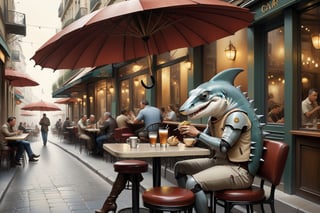 by Michael Parkes and Diego Rivera, Ray Shark, (retro futurism , digital art but extremely beautiful:1.4)Masterpiece, best quality, hi res, 8k, people sitting at tables outside of a restaurant with umbrellas, in a sidewalk cafe, sitting in a cafe, getting his tacos and drink), sitting alone in a cafe, sitting in a cafe alone, he is very relaxed, taking a smoke break, sitting at a bar, sitting at the bar, relaxing after a hard day, inside a french cafe, sitting alone at a bar