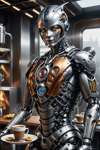 best qualtiy,8k,A high resolution,hyper-detailing,((1 robot butler)),（Robot, head made of titanium alloy machinery, body made of vibranium steaming cup of coffee on a tray in a futuristic cyberpunk kitchen,an ultrafine painting,tack sharp focus,physically-based renderingt,Extremely detailed description,professional,Bright ,Steampunk,Color syberpunk,sci fi,  Art,  art by Ray Shark,