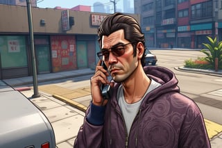 there is a man talking on a cell phone while standing on the street, gta art style, gta chinatowon art style, style of gta v artworks, gta artstyle, gta chinatown pop art style, art gta 5 comics, gta art, gta chinatown art style, as a character from gtav, style of gta v, grand theft auto style