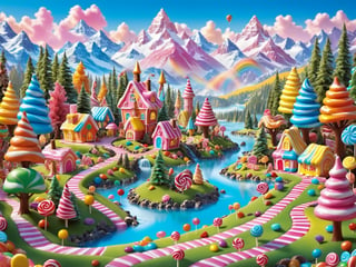 a beautiful place Candy land where every thing is made of candy the trees the houses the land cars planes lakes all made out of colorful candy
