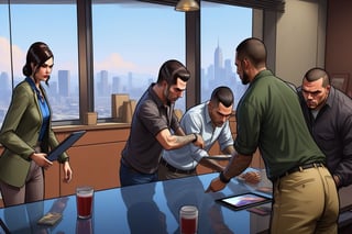 there are many people standing around a table with a tablet, art gta 5 comics, stylized digital illustration, gta art style, style of gta v artworks, high quality screenshot, rpg scene, rotoscope, gta iv art style, digitally painted, gta chinatowon art style, animated film still, rotoscoped, rotoscoping, gta art, complex scene