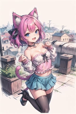 1girl, absurdres, animal ears, bare shoulders, black footwear, blue eyes, blue skirt, cat ears, cat tail, choker, frills, hair ribbon, high heels, looking at viewer, miniskirt, open mouth, paw pose, pink hair, pleated skirt, ribbon, short hair, skirt, smile, solo, strapless, tail, thighhighs, thighs, tube top, white thighhighs, landscape, outdoor, simple background

,ClrSkt,SmpSk