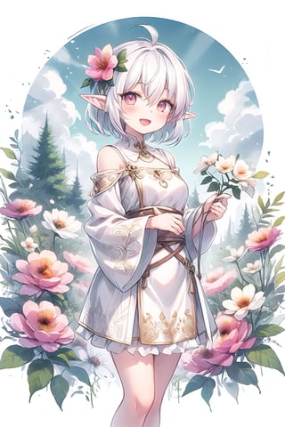 1girl, antenna hair, blush, elf, flower, hair between eyes, hair flower, hair ornament, happy, highres, holding, looking at viewer, open mouth, pink eyes, pointy ears, short hair, simple background, smile, solo, standing, white background, white hair
,CrclWc,simple background,outdoors,sky,WtrClr,ClrSkt