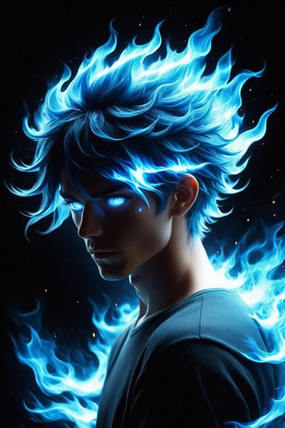 man with blue flame hair,BlFire,intense blue flames, flickering, dancing, warm, radiant, bright, illuminating eyes