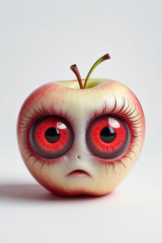 an apple with two red eyes