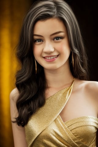 Photo, a beautiful girl, (18-year old European girl), (pale white skin:1.2), long wavy black hair, smiling, detailed skin texture, perfect body, wearing (wrap one-shoulder gold colour glistening evening gown), cleavage, facing viewer, (pale blue eyes), (photorealistic:1.3), studio lighting, hip to head shot, Fuji film, remarkable color, high_res, best quality, highly detailed
