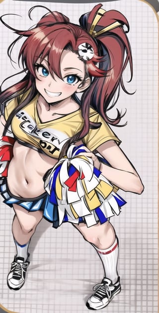 Yoko Littner,jeloibukicheer, Cheerleader, Cheerleader suit, colombian Cheerleader,mischievous grin,Perfect eyes, detailed eyes,Nice eyes,lewd smile,perfect hands, detailed hands, Nice hands,vibrant colors,(seen from above),REIOVABIKINI,(yellow shirt with a blue stripe),blue skirt whit red stripe