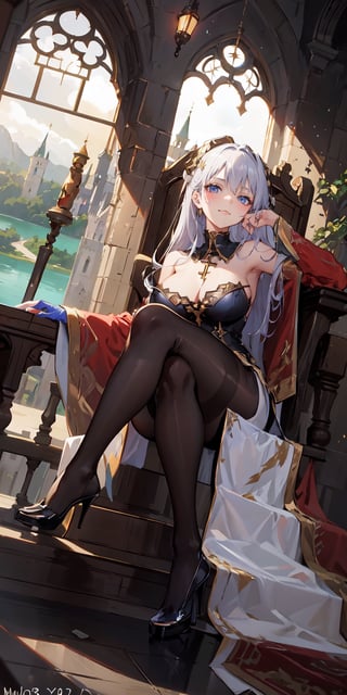 ultra detailed 8k cg, 1girl, fantasy style, in a majestic castle, medieval setting, beautiful face, intricate medieval dress, ornamental robes, highly decorated robes with embroidery and gems, hll,black pantyhose, full body shot, high heels, castle on top of a hill in background, large expansive lake in background, ((sitting cross legged)), smug expression on face, dominatrix