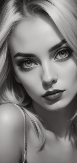 A pop art, monochrome, portrait of a beautiful blonde girl ,close up, hair cover one eye. Dark, nostalgic makeup highlights,realism the composition,pinhole photography techniques, a raw and intimate moment.