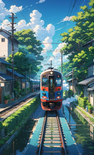 Masterpiece, anime train on track through a residential area of the town, Makoto Shinkai style picture, pixiv, concept art, lofi art style, reflection. lofi art, beautiful anime scenes, anime scenery, detailed scenery, details enhanced.