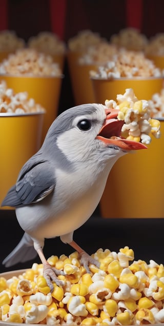 A Bird Eating Pop corns Enjoying Movie in cinema, Curious, Perfect scene, Perfection art.