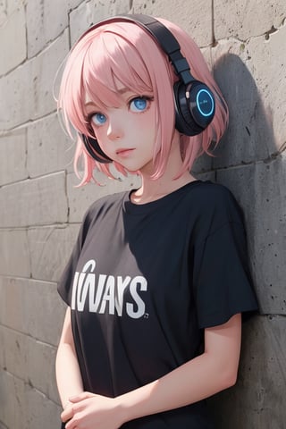 Girl ((short light pink hair)) and dull blue eyes, wearing headphones, leaning against a wall ((with lights shining on her face and body)), wearing a black shirt.