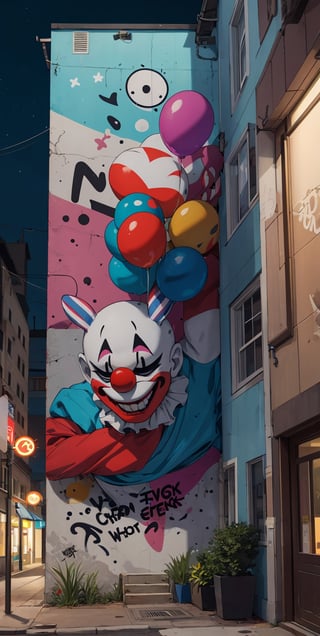  Clown painting graffiti on a wall,Street art,Night time,Art visible through street-light.