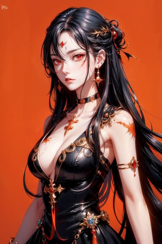 anime girl with long hair, 1girl, black hair, solo, long hair, jewelry, breasts, scar, scar on face, cleavage, red eyes, simple background, looking at viewer, ringed eyes, choker, bracelet, orange background, scar on cheek, piercing, earrings, cross scar, jppop art style,