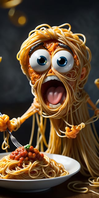 Create an ((skepticism, doubt, disapproval, wonder, and confusion)) character tangled in a web of spaghetti, using their fork as a makeshift sword,