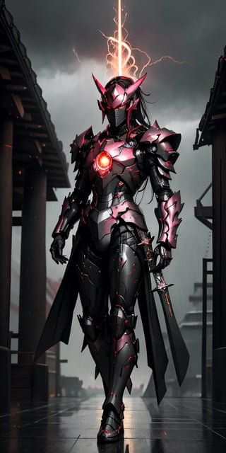 Imagine a mighty man wearing fullbody shining hitech armor. he is using a Japanese-style headgear with a metal lion's head shape, and its eyes blaze with a furious red hue. The man hold a hitech greatsword in his hand properly, poised to face any danger. The sky behind him appears epic, filled with brooding clouds that create a dramatic atmosphere, rain storm environment, high detail armored, black carbon colour, pink detail part, masterpiece, stunning and baddass, Describe a person holding a large realistic sword with proper grip and posture and ensuring that the depiction accurately portrays the way the sword is being wielded , its intricate details are visibly pronounced, ultra HD, 4k, fog effect, cyberpunk, strom, rain effect, The details of raindrops hitting the fighter's body are very clearly visible, super realistic, mech, shoot from mid range, stunning cinematic lighting