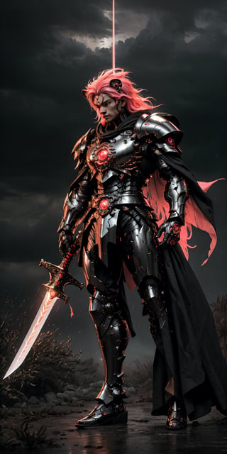 Imagine a mighty man wearing fullbody shining hitech armor. he is using a Japanese-style headgear with a metal lion's head shape, and its eyes blaze with a furious red hue. The man hold a hitech greatsword in his hand properly, poised to face any danger. The sky behind him appears epic, filled with brooding clouds that create a dramatic atmosphere, rain storm environment, high detail armored, black carbon colour, pink detail part, masterpiece, stunning and baddass, Describe a person holding a large realistic sword with proper grip and posture and ensuring that the depiction accurately portrays the way the sword is being wielded , its intricate details are visibly pronounced, ultra HD, 4k, fog effect, cyberpunk, strom, rain effect, The details of raindrops hitting the fighter's body are very clearly visible, super realistic, mech, shoot from mid range, stunning cinematic lighting