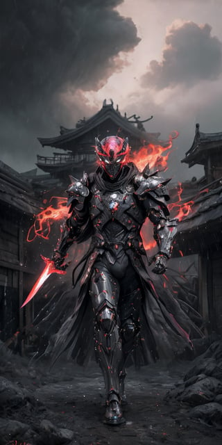 Imagine a mighty man wearing fullbody shining hitech armor. he is using a Japanese-style headgear with a metal lion's head shape, and its eyes blaze with a furious red hue. The man hold a hitech greatsword in his hand properly, poised to face any danger. The sky behind him appears epic, filled with brooding clouds that create a dramatic atmosphere, rain storm environment, high detail armored, black carbon colour, pink detail part, masterpiece, stunning and baddass, Describe a person holding a large realistic sword with proper grip and posture and ensuring that the depiction accurately portrays the way the sword is being wielded , its intricate details are visibly pronounced, ultra HD, 4k, fog effect, cyberpunk, strom, rain effect, The details of raindrops hitting the fighter's body are very clearly visible, super realistic, mech, shoot from mid range, stunning cinematic lighting