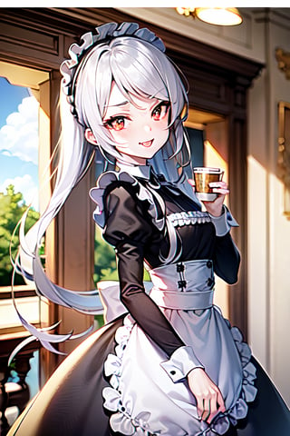 traditional maid, smirk, cafe, indoors, (fantasy:1.2),solo, maid, looking at viewer, outdoors, open mouth, anime coloring, maid headdress, upper body, wallpaper, high contrast, colorful, sky, redeyes, hair silver, chibi
