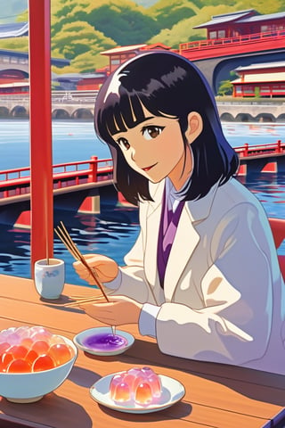 Young woman of 20 with black hair, white jacket, brown skirt, chewing with wooden toothpick, delicious-looking brownish-purple water jelly on desk, at teahouse in front of Ojima red bridge in Fukui, Japan, dinosaurs on sea surface, in the style of Makoto Shinkai. Diagonal view from above