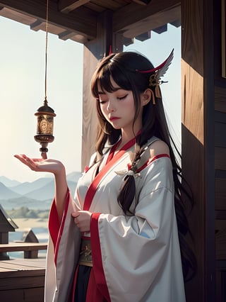 (1girl:1.3),solo,__body-parts__,
official art, unity 8k wallpaper, ultra detailed, beautiful and aesthetic, beautiful, masterpiece, best quality,Fantastical Atmosphere, Calming Palette, Tranquil Mood, Soft Shading,
Miko priestess, charm spell, talisman familiar, shrine maiden duties,