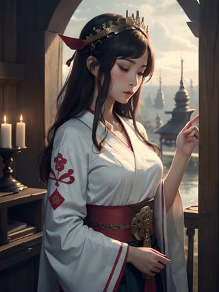 (1girl:1.3),solo,__body-parts__,
official art, unity 8k wallpaper, ultra detailed, beautiful and aesthetic, beautiful, masterpiece, best quality,Fantastical Atmosphere, Calming Palette, Tranquil Mood, Soft Shading,
Miko priestess, charm spell, talisman familiar, shrine maiden duties,