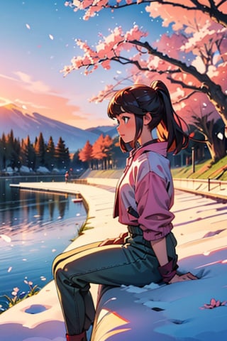 A girl sitting and  playing piano cherry blossom trees surrounding lake lifelike pink leaves snow capped My.Fuji in the background wiht sunset

