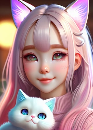 Sleeveless sweater, ,pastel color, kawaii, cute colors ,scifi, pink 1girl ,long hair, pale skin,white hair, glowing eyes, smile, almond eyes, cat ears, pastel colors, kawaii, cute colors, full body portait,  dynamic cat pose, (masterpiece, best quality:1.4), (realistic, photorealistic:1.2), 4k, (ultra realistic), high definition, high detail, ultra detailed, finely detailed texture, high quality shadow, (high resolution), detailed background, depth of field, beautiful face, a face of perfect proportion, hyper detailed painting, luminism, bar lighting, incredibly hyper-detailed and intricately realistic,