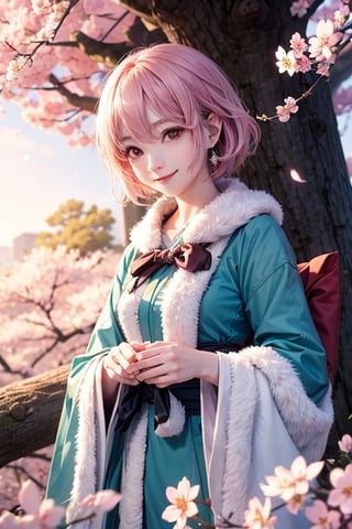 Yuyuko Saigyouji , smile, tree, cherry blossoms, morning vibe, 8K, (warm lighting), high quality , beautiful hands