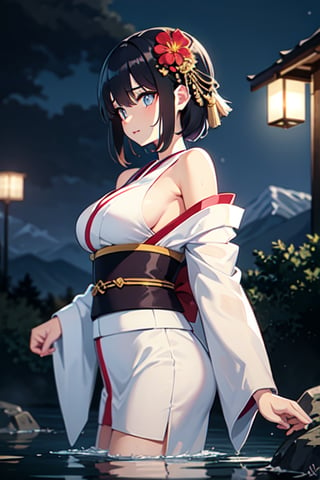 1girl, breasts, moon, lantern, night, solo, large breasts, hair ornament, wet, kimono, japanese clothes, wading, water, hair flower, flower, outdoors, sky, full moon, rain, black hair, off shoulder, mountain, cloud, holding, sash, bare shoulders, paper lantern, standing, white kimono, night sky, sideboob, obi, wet clothes, bangs, tree, from side, reflection, short hair, cloudy sky, wet hair (((masterpiece),(extremely detailed CG unity 8k wallpaper),best quality,,solo,1girl,cinematic lighting,detailed background,beautiful detailed eyes,bright pupils, (an extremely delicate and beautiful),(Beautiful and detailed eye description), ultra-detailed,masterpiece,)),