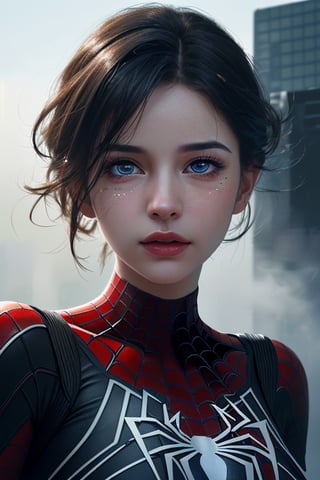(1girl:1.3), Solo, (((Very detailed face)))), ((Very detailed eyes and face)))), Beautiful detail eyes, Body parts__, Official art, Unified 8k wallpaper, Super detailed, beautiful and beautiful, beautiful, masterpiece, best quality, original, masterpiece, super fine photo, best quality, super high resolution, realistic realism, sunlight, full body portrait, amazing beauty, dynamic pose, delicate face, vibrant eyes, (from the front), She wears Spider-Man suit, white and black color scheme, spider, very detailed city roof background, rooftop, overlooking the city, detailed face, detailed complex busy background, messy, gorgeous, milky white, highly detailed skin, realistic skin details, visible pores, clear focus, volumetric fog, 8k uhd, DSLR, high quality, film grain, fair skin, photo realism, lomography, futuristic dystopian megalopolis, translucent