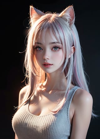 Sleeveless sweater, ,pastel color, kawaii, cute colors ,scifi, pink 1girl ,long hair, pale skin,white hair, glowing eyes, smile, almond eyes, cat ears, pastel colors, kawaii, cute colors, full body portait,  dynamic cat pose, (masterpiece, best quality:1.4), (realistic, photorealistic:1.2), 4k, (ultra realistic), high definition, high detail, ultra detailed, finely detailed texture, high quality shadow, (high resolution), detailed background, depth of field, beautiful face, a face of perfect proportion, hyper detailed painting, luminism, bar lighting, incredibly hyper-detailed and intricately realistic,