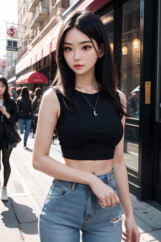 Young woman 25 years old: 1.3, Long black hair: 1.2, Casual wear: 1.2, Daytime: 1.2, On the street: 1.2, Film lighting, Surrealism, UHD, ccurate, Super detail, textured skin, High detail, Best quality, 8k,full_body