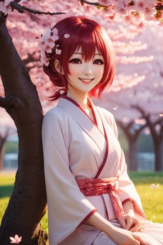 Yuyuko Saigyouji , smile, tree, cherry blossoms, morning vibe, 8K, (warm lighting), high quality