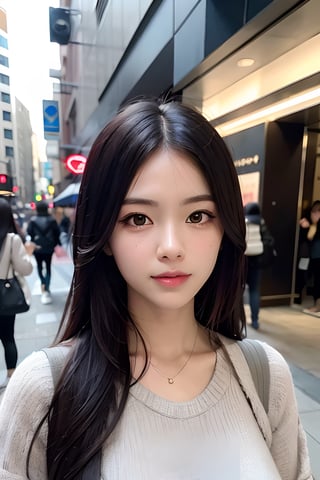 Young woman 25 years old: 1.3, Long black hair: 1.2, Casual wear: 1.2, Daytime: 1.2, On the street: 1.2, Film lighting, Surrealism, UHD, ccurate, Super detail, textured skin, High detail, Best quality, 8k,full_body, beautiful_eyes , beautiful face