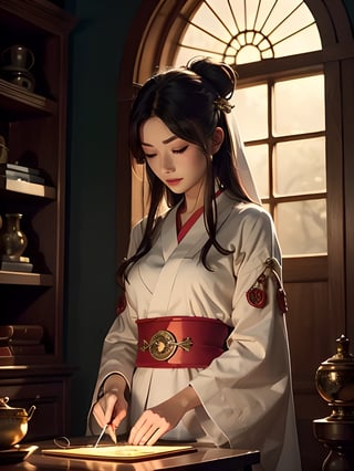 (1girl:1.3),solo,__body-parts__,
official art, unity 8k wallpaper, ultra detailed, beautiful and aesthetic, beautiful, masterpiece, best quality,Fantastical Atmosphere, Calming Palette, Tranquil Mood, Soft Shading,
Miko priestess, charm spell, talisman familiar, shrine maiden duties,