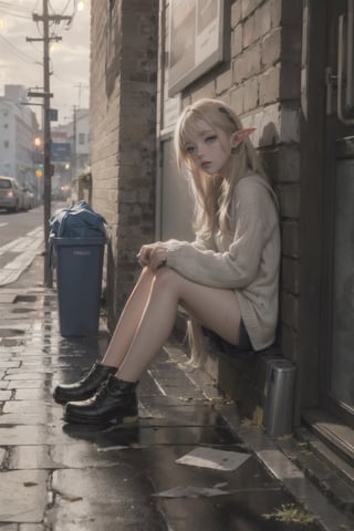 best quality,  extremely detailed,  HD,  8k,  extremely intricate:1.3),  cinematic lighting,  dystopian world:1.8, fantasy world:1.3, The city is dilapidated and dirty, rainy night, dirty road, a little elf sitting on the Pavement, leaning against the trash can, fairy tone, ((elf_ears)), sad_face, emotional eye, She feels lonely and cold