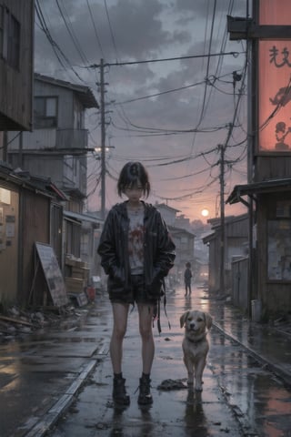 best quality,  extremely detailed,  HD,  8k,  extremely intricate:1.3),  cinematic lighting,  dystopian world, japan,  The city is dilapidated and dirty, rainy sunset, A little girl stands praying with her dirty puppy in front of a ruined shrine, ((puppy)), ((dirty)),  ((skeleton)) lying on the side of the road, (( ripped clothes)), (( dirty on clothes)), sad and gloomy atmosphere, blood