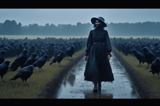 4k, UHD, HDR, (Masterpiece:1.5), (best quality:1.5), ultra detailed, cinematic photo, natural light, detailed reflection light, dark fantasy art, ((horror and dramatic)), bronze age, many scarecrows girls, many crows on sky, heavy rain, ruin farm field as background