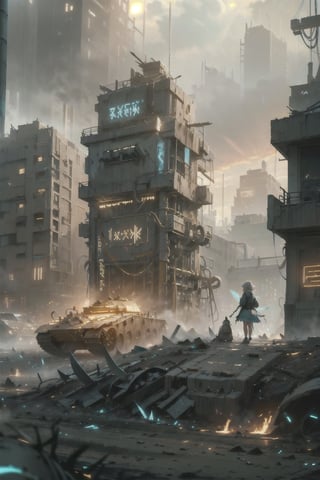 best quality,  extremely detailed,  HD,  8k,  (extremely intricate:1.3),  cinematic lighting,  apocalypse war,  dystopian fantasy world,  The city is dilapidated and dirty,  rainy noon,  imangine the war between human and fairies,  fire smoke everywhere,  The fairies are wailking next to the burned ((tank)),  light grey hair,  dirty fairy dress,  ((dirty)),  ((elf ears)),  ((white glowing wings)),  ((glowing swords)),  medium shot,  mecha, (dirt-stained_clothes:1.5), full body,  GlowingRunes_,  scene the crowd of the Fairies attacking humans as background, ((extremely detailed background)), ((fairies)), jellyfishforest, GlowingRunes_, cyber_asia ,GlowingRunes_,jellyfishforest,cyber_asia 