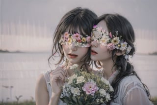 best quality,  extremely detailed, HD,  8k,  extremely intricate:1.3), realistic, ((2 girls)), 
Two girls are standing facing each other and touching hand to each other's faces, ((flower bindfold)), ((open eyes)), ((clear eyes)), emotional eyes, Flower Blindfold, 