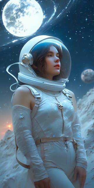 cinematic photo, 4k photo, extremely detail, sexy girl, floating in space, between the star, holding glowing globe moon, ((full glass astronat helmet)), ((sexy)), transparent astronat clothes, white, full body, pretty face, closeup shot ,painting by jakub rozalski,