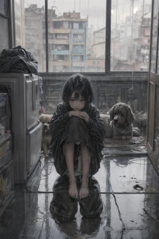 best quality,  extremely detailed, HD,  8k,  extremely intricate:1.3), dystopian world, japanese room, ((raining outside)), The little girl is sitting on the floor and hugging her big dog, ((hugging dog)), short black hair, black sweater, ((dirty clothes)), worried face, the room is dilapidated and dirty, ((ripped clothes)), ((dirty)), ((full body)), looking outside, The atmosphere is gloomy and sad
