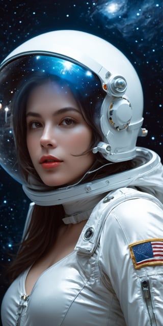 cinematic photo, 4k photo, extremely detail, sexy girl, floating in space, between the star, holding glowing globe moon, ((full glass astronat helmet)), ((sexy)), transparent astronat clothes, white, full body, pretty face, closeup shot ,painting by jakub rozalski,