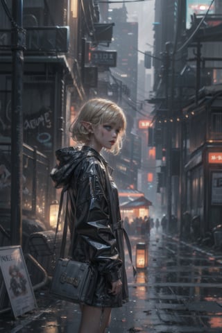 best quality,  extremely detailed,  HD,  8k,  extremely intricate:1.3),  cinematic lighting,  cyberpunk world:1.8, ((The city is dilapidated and dirty)), ((rainy night)), dirty road, a little elf standing on the Sidewalk, fairy tone, ((elf_ears)), sad_face, emotional eye, blue eyes, looking up at the sky, wet and short blonde hair, black raincoat, She feels lonely and cold, ((dirty on clothes)), ((dirty)), sad and gloomy atmosphere, sidebody view ,jellyfishforest,perfecteyes, ((Extremely detailed background)),cyber_asia 