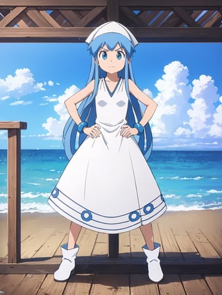 ((best quality)),((highly detailed)),masterpiece,absurdres,detailed face,beautiful face,(detailed eyes, deep eyes),(1girl),((dynamic pose)), , ika, dress, 1girl, hands on hips, sky, solo, blue eyes, blue hair, v-shaped eyebrows, hat, long hair, cloud, day, blue sky, tentacle hair, ocean, looking at viewer, standing, white dress, outdoors, sleeveless, horizon, white headwear, bracelet, frown, jewelry, full body, small breasts, sleeveless dress, closed mouth, very long hair, collarbone, water, cloudy sky, window, no humans, parody, breasts, railing, shoes, scenery, bangs, beach, boots, bare shoulders, indoors,,cowboy shot
,ika