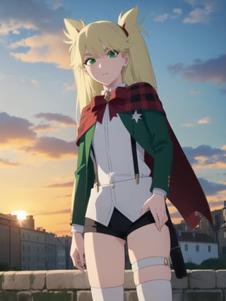 1girl, soro, ninnyspangcole, , ninny spangcole, long hair, blonde hair, (green eyes:1.5), twintails, two side up, shirt, thighhighs, long sleeves, bow, jacket, white shirt, shorts, bowtie, red bow, thigh strap, capelet, black shorts, suspenders, green jacket, suspender shorts, outdoors, city, sun, sky, clouds, looking at viewer, (cowboy shot:1.5), (masterpiece:1.2), best quality, high resolution, unity 8k wallpaper, (illustration:0.8), (beautiful detailed eyes:1.6), extremely detailed face, perfect lighting, extremely detailed CG, (perfect hands, perfect anatomy),ninny spangcole