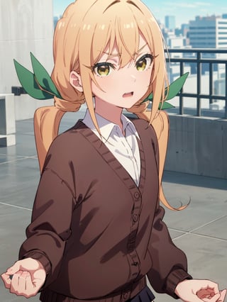 karaneinda, blonde hair, (yellow eyes:1.5), hair ribbon, twintails, low twintails, long hair, (green ribbon:1.2), open mouth, skirt, school uniform, white shirt, pleated skirt, collar, black skirt, brown cardigan, long sleeves, looking at viewer, water eye, (determined face:1.2), (upper body:1.5), sky, outdoors, day, building, best quality, high resolution, unity 8k wallpaper, (beautiful detailed eyes:1.6), extremely detailed face, perfect lighting, extremely detailed CG, (perfect hands, perfect anatomy)
